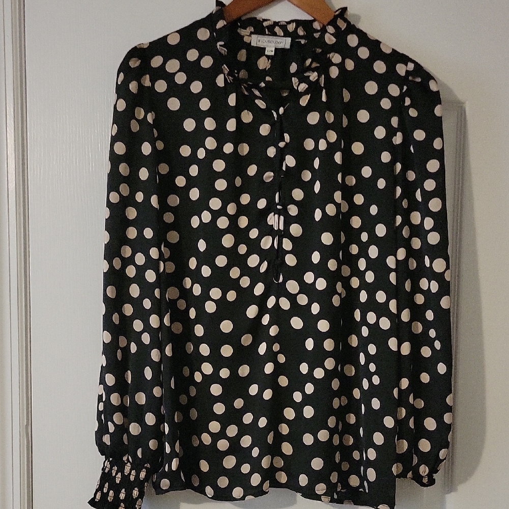 Blousology Black Polka Dot Blouse Tie Neck Long Sleeve Size L